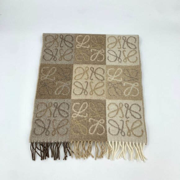 H16197 Loewe Wool Blend Scarf With Monogram Pattern & Fringe Trim - Picture 1 of 8